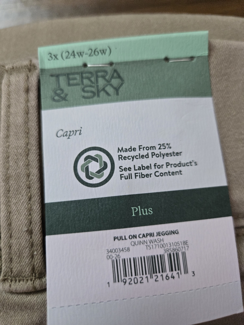 Terra & Sky NEW Plus Size 3X Khaki Pull On Capri Jeggings Elastic Waist - Picture 5 of 7